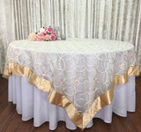 Ivory/Gold Wedding Event Home Decoration Organza embroidery table overlay w/ Satin Trims