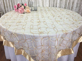Champagne Wedding Event Home Decoration Organza embroidery table overlay w/ Satin Trims