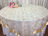 Ivory/Gold Wedding Event Home Decoration Organza embroidery table overlay w/ Satin Trims