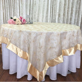 Wedding Event Home Decoration Organza embroidery table overlay w/ Satin Trims Gold