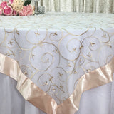 Wedding Event Home Decoration Organza embroidery table overlay w/ Satin Trims Gold