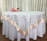 Ivory/Gold Wedding Event Home Decoration Organza embroidery table overlay w/ Satin Trims