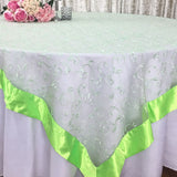 White Wedding Party Home Decoration Organza embroidery table overlay w/ Satin Trims